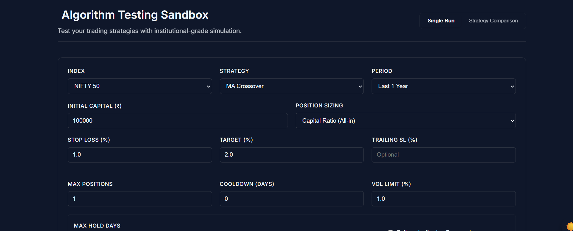Backtesting Dashboard UI - Strategy Analysis and Performance Metrics