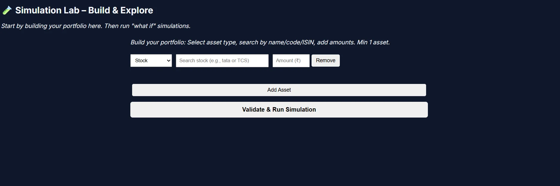 Stock360s Hanuman Simulation Lab interface where users build portfolios by asset type, name, ISIN, and amount to run what-if simulations