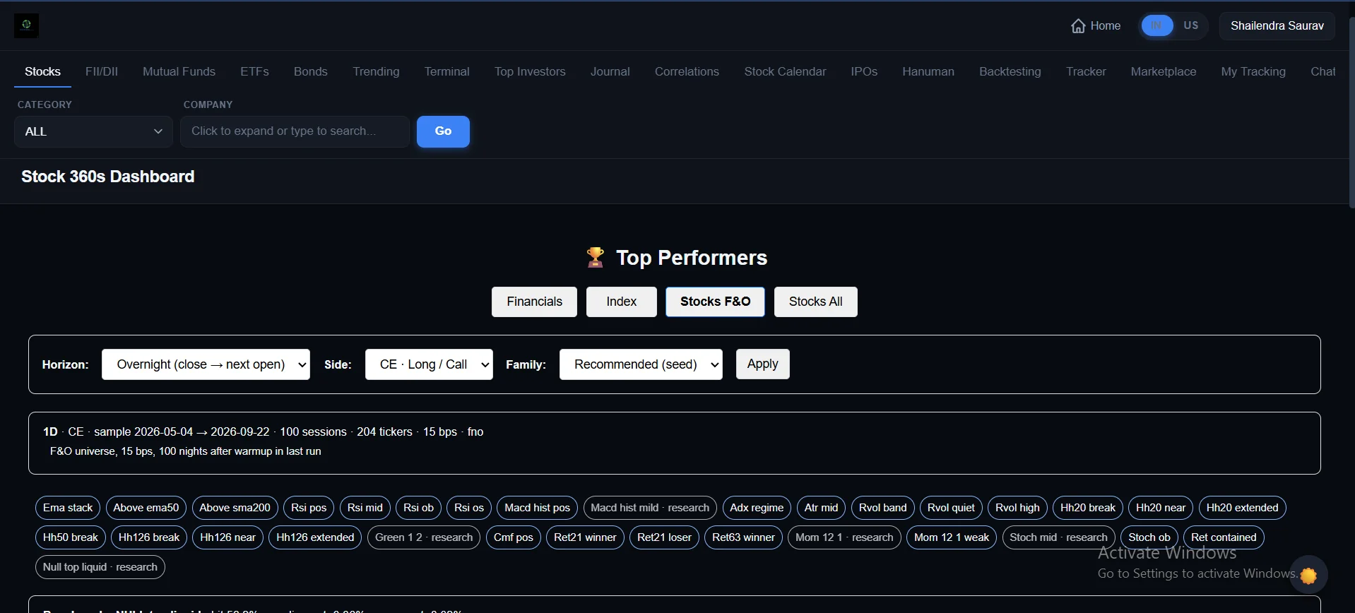 Stock360s Top Performers dashboard showing overall ranking, category best/worst lists, and quarterly momentum tables