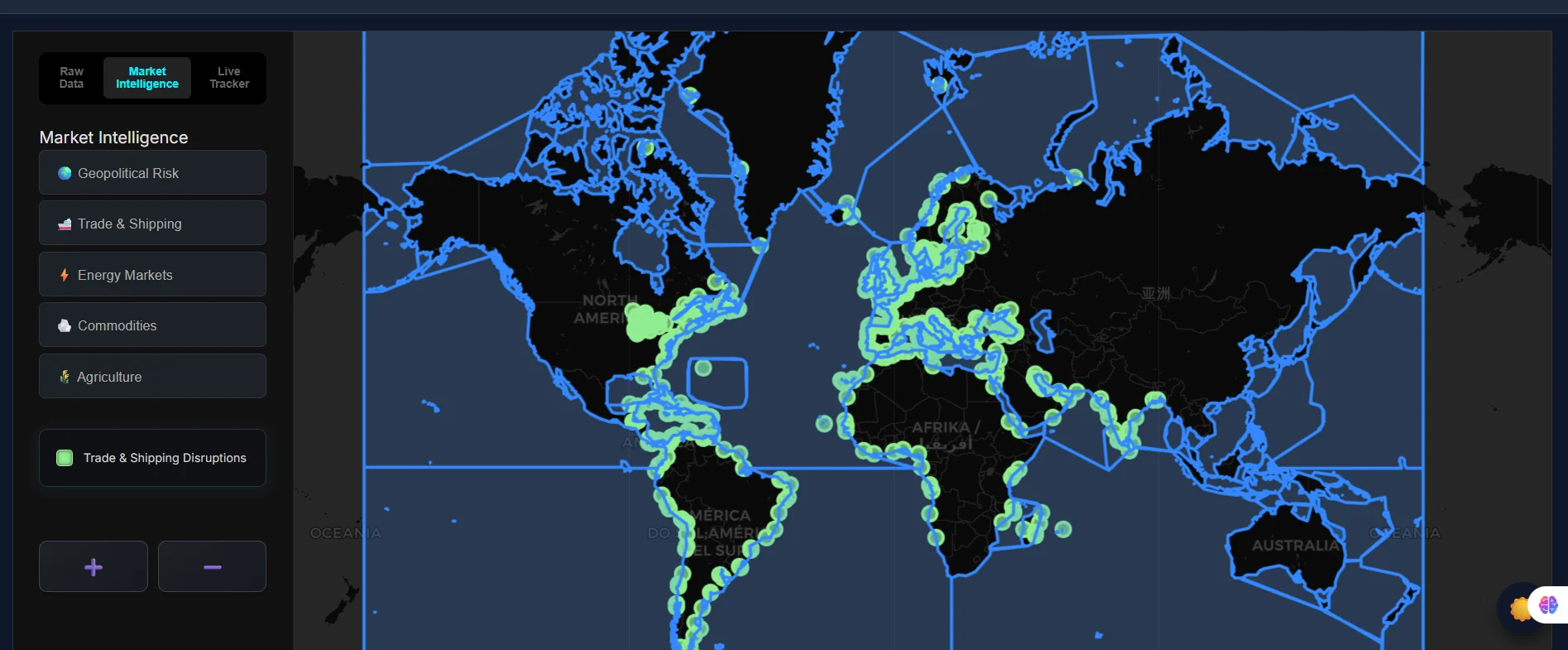 Stock360s Global Market Intelligence Tracker interface mapping live geospatial risk markers, maritime vessel positions, and Goldstein scale volatility metrics
